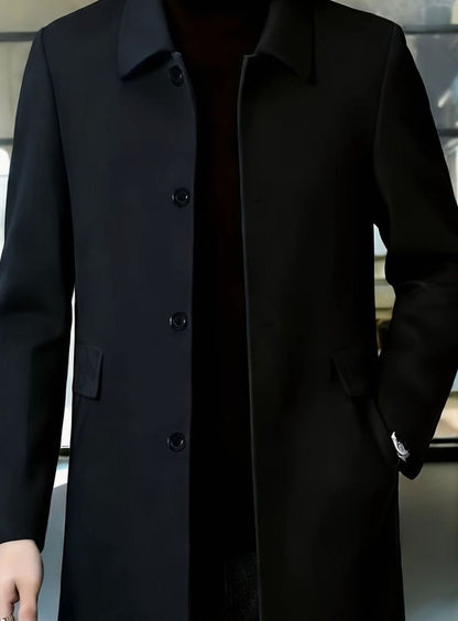 Men's single-breasted wool overcoat with classic collar, layered styling