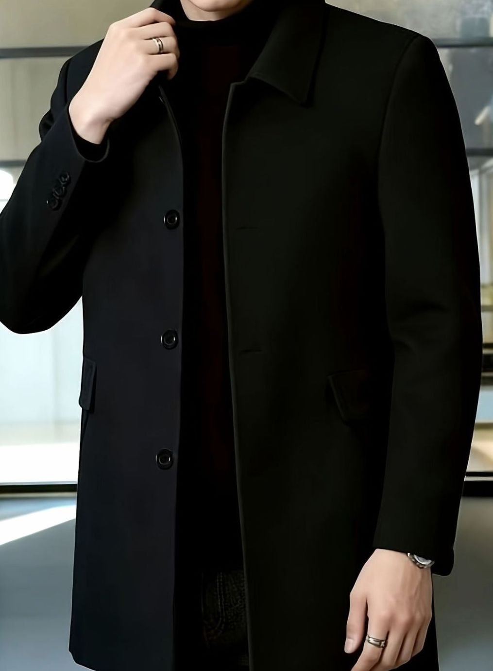 Men's single-breasted wool overcoat with classic collar, additional angle