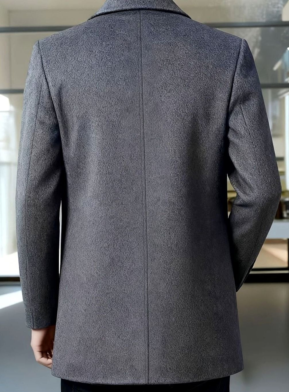 Men's single-breasted wool overcoat with classic collar, front view