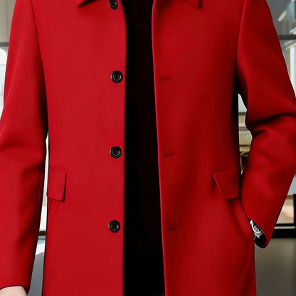 Men's single-breasted wool overcoat with classic collar, size chart