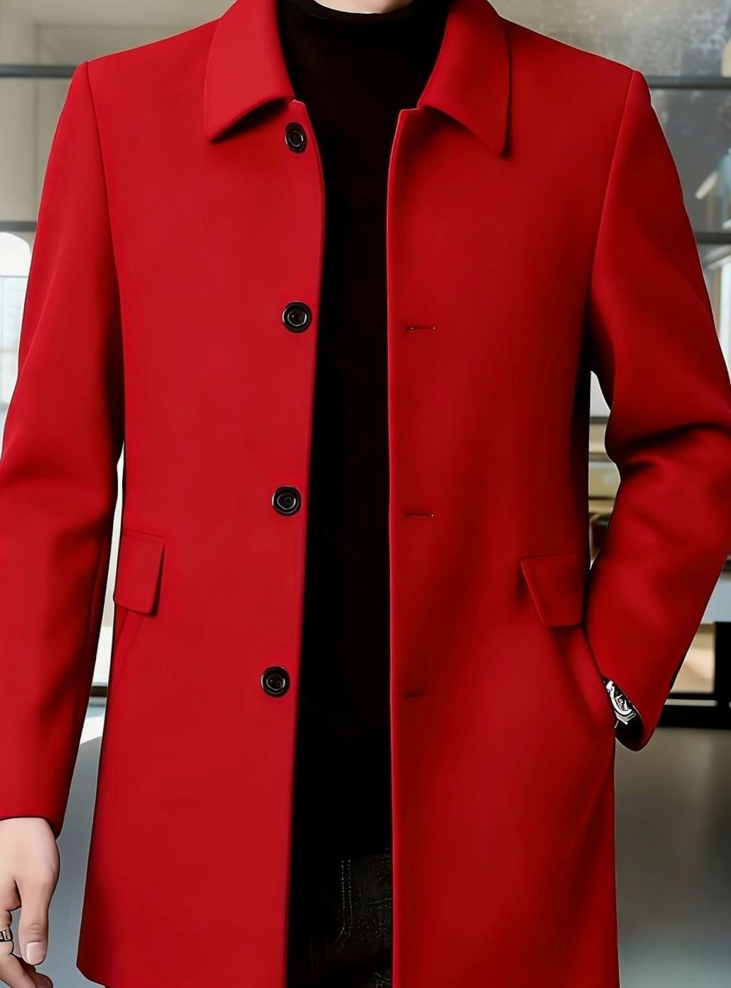 Men's Single-Breasted Wool Overcoat, Classic Collar Topcoat
