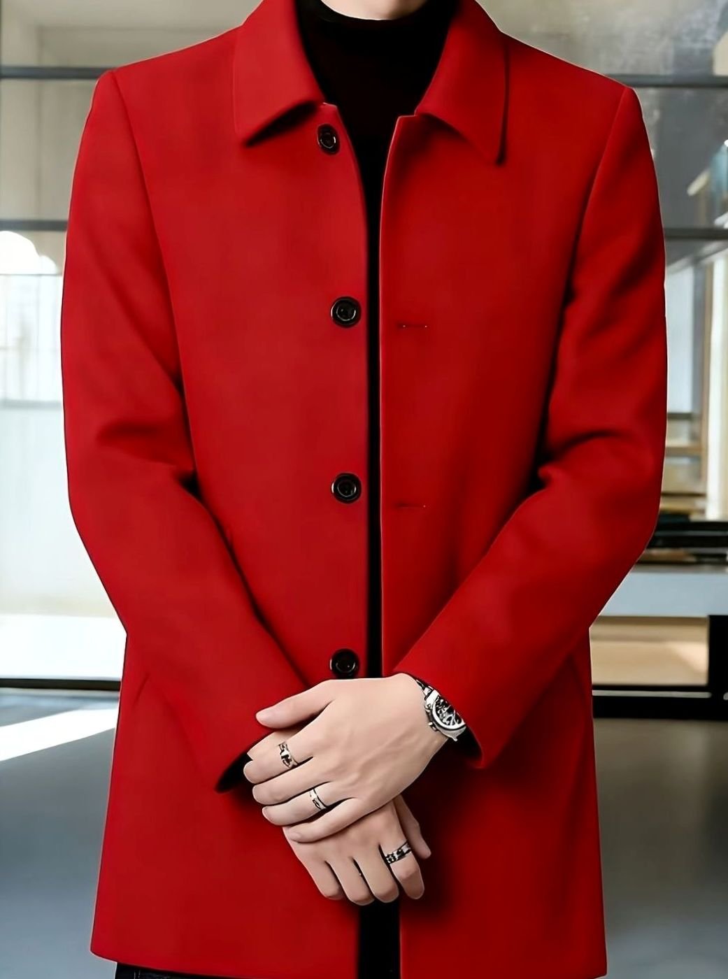 Men's Single-Breasted Wool Overcoat, Classic Collar Topcoat