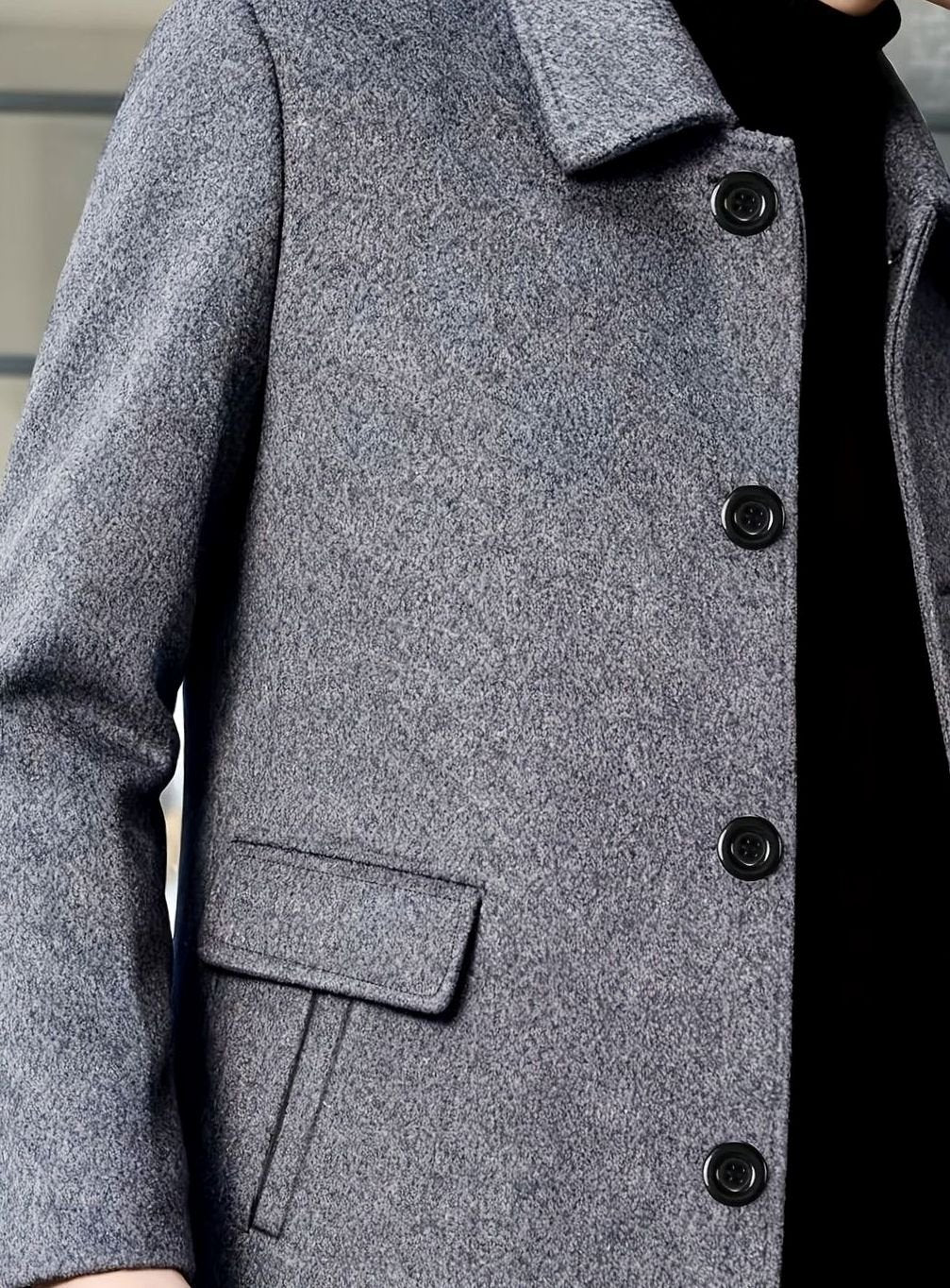Men's single-breasted wool overcoat with classic collar, back view