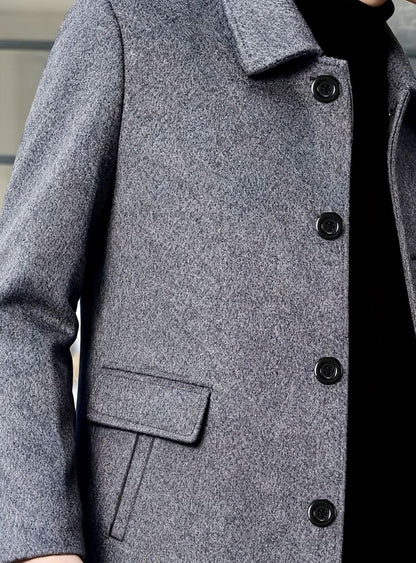 Men's single-breasted wool overcoat with classic collar, back view