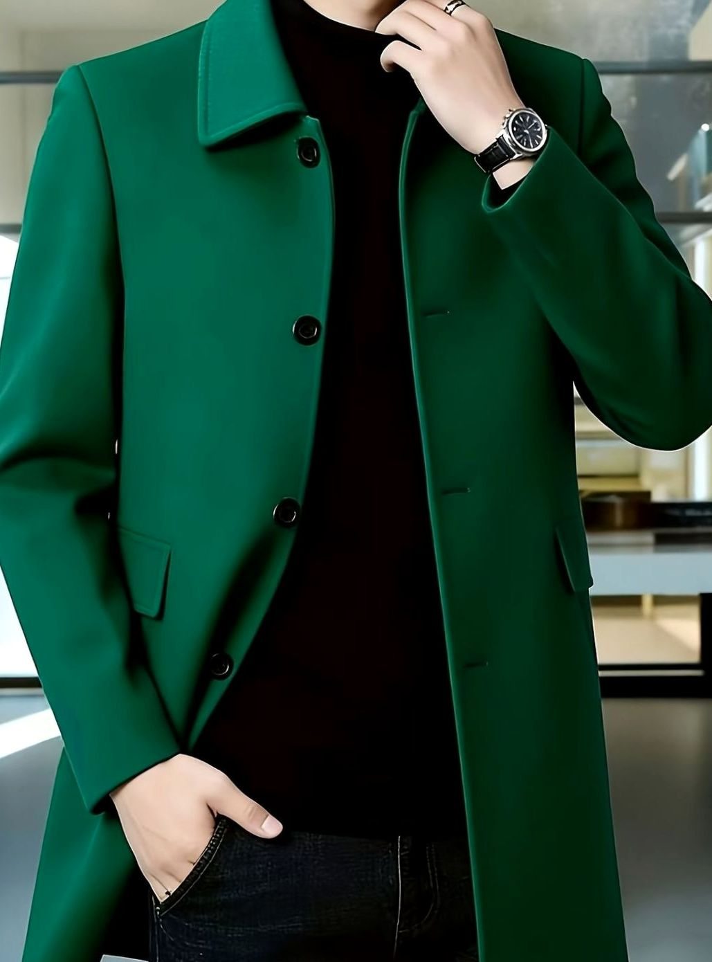 Men's Single-Breasted Wool Overcoat, Classic Collar Topcoat