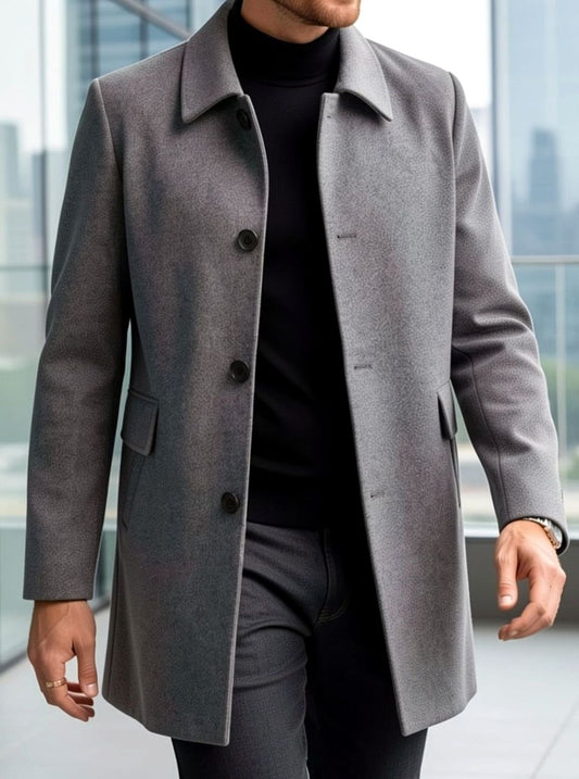 Men's single-breasted wool overcoat with classic collar, pocket detail