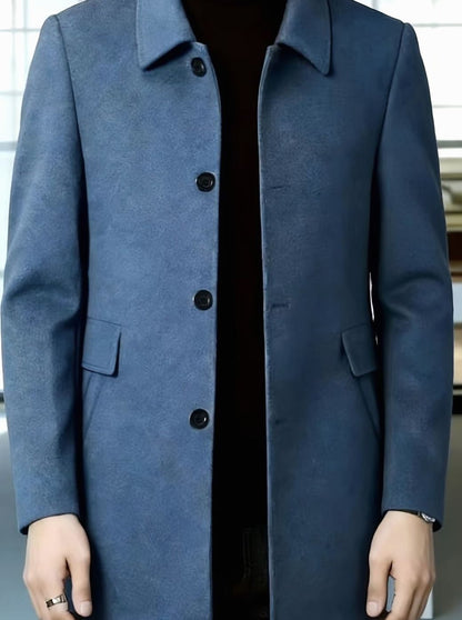 Men's single-breasted wool overcoat with classic collar, styling view