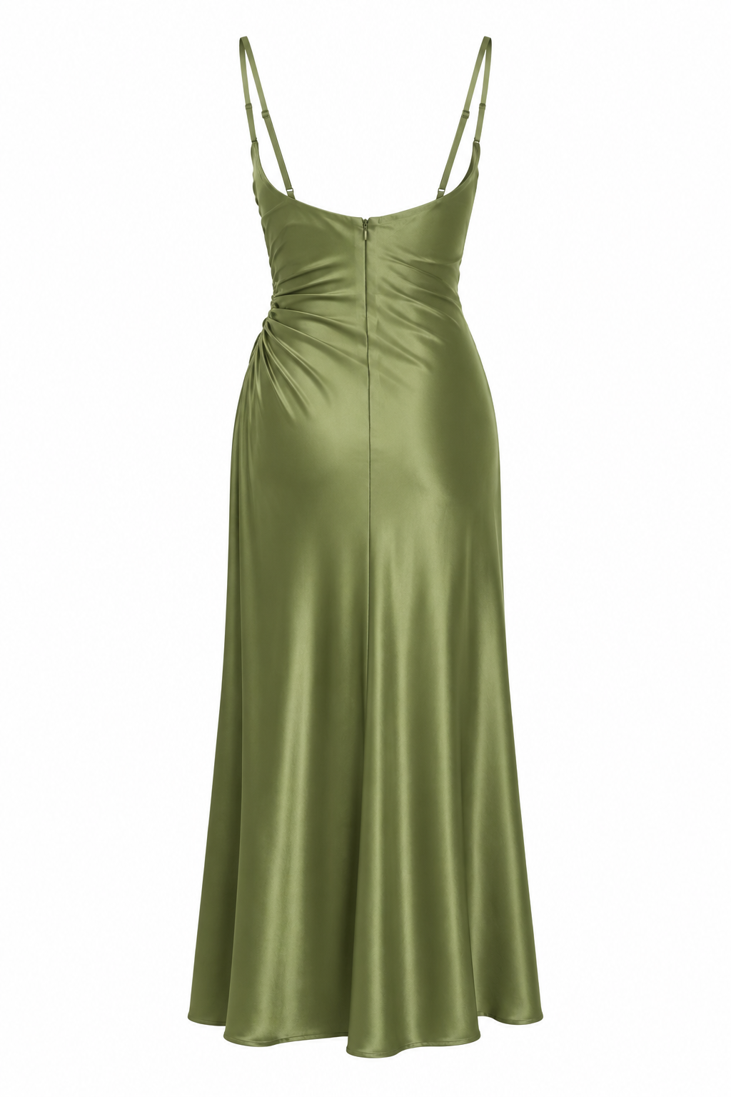 Velstine | Women's Satin Ruched Maxi Dress with Side Slit - Olive Green