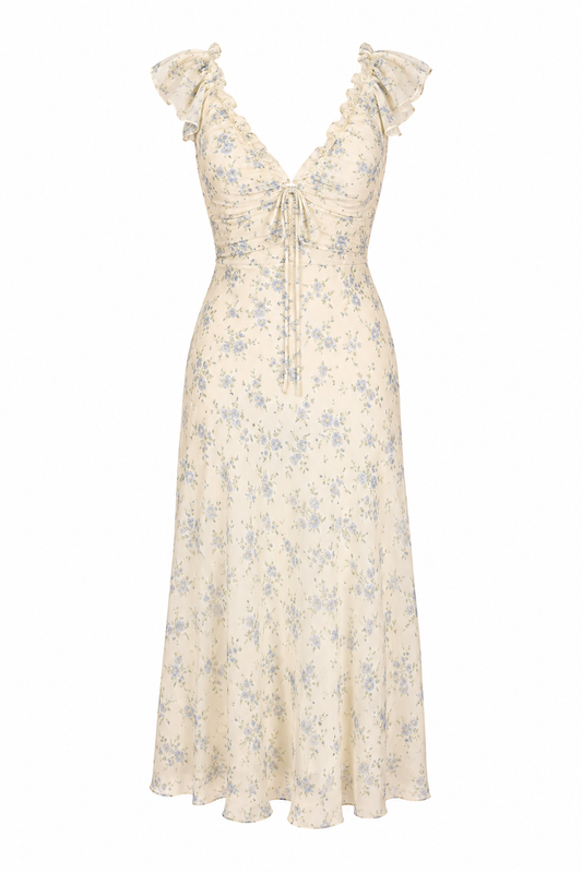 Velstine | Women's Floral V-Neck Midi Dress - Cream