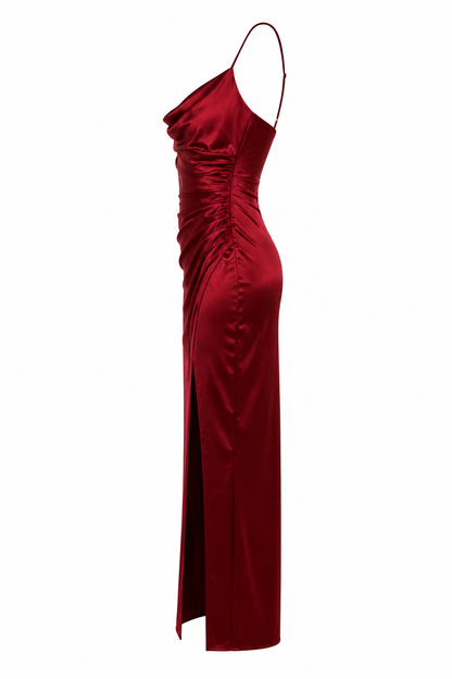 Velstine | Woman's Satin Ruched Maxi Dress with Side Slit - Burgundy