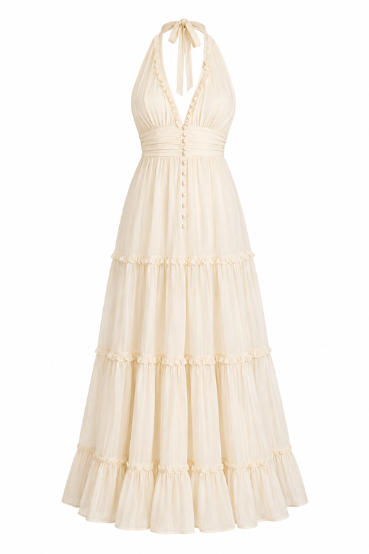 Velstine | Women's Halter Neck Open Back Maxi Dress - Cream