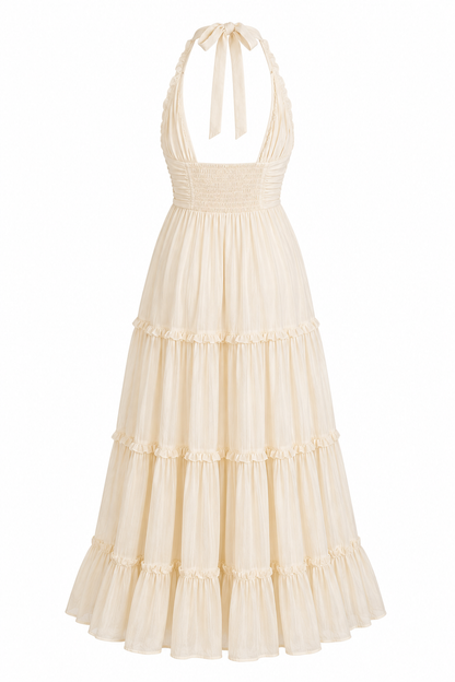 Velstine | Women's Halter Neck Open Back Maxi Dress - Cream