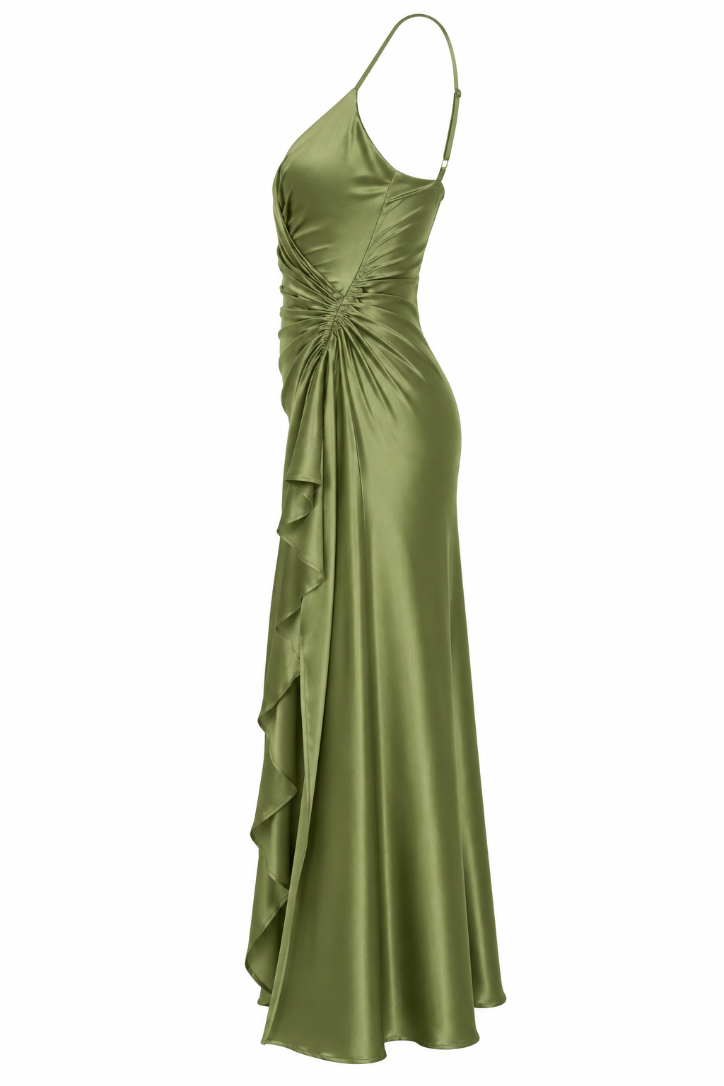 Velstine | Women's Satin Ruched Maxi Dress with Side Slit - Olive Green