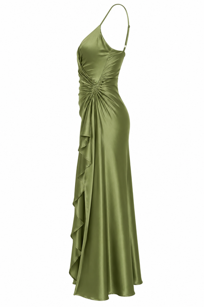 Velstine | Women's Satin Ruched Maxi Dress with Side Slit - Olive Green