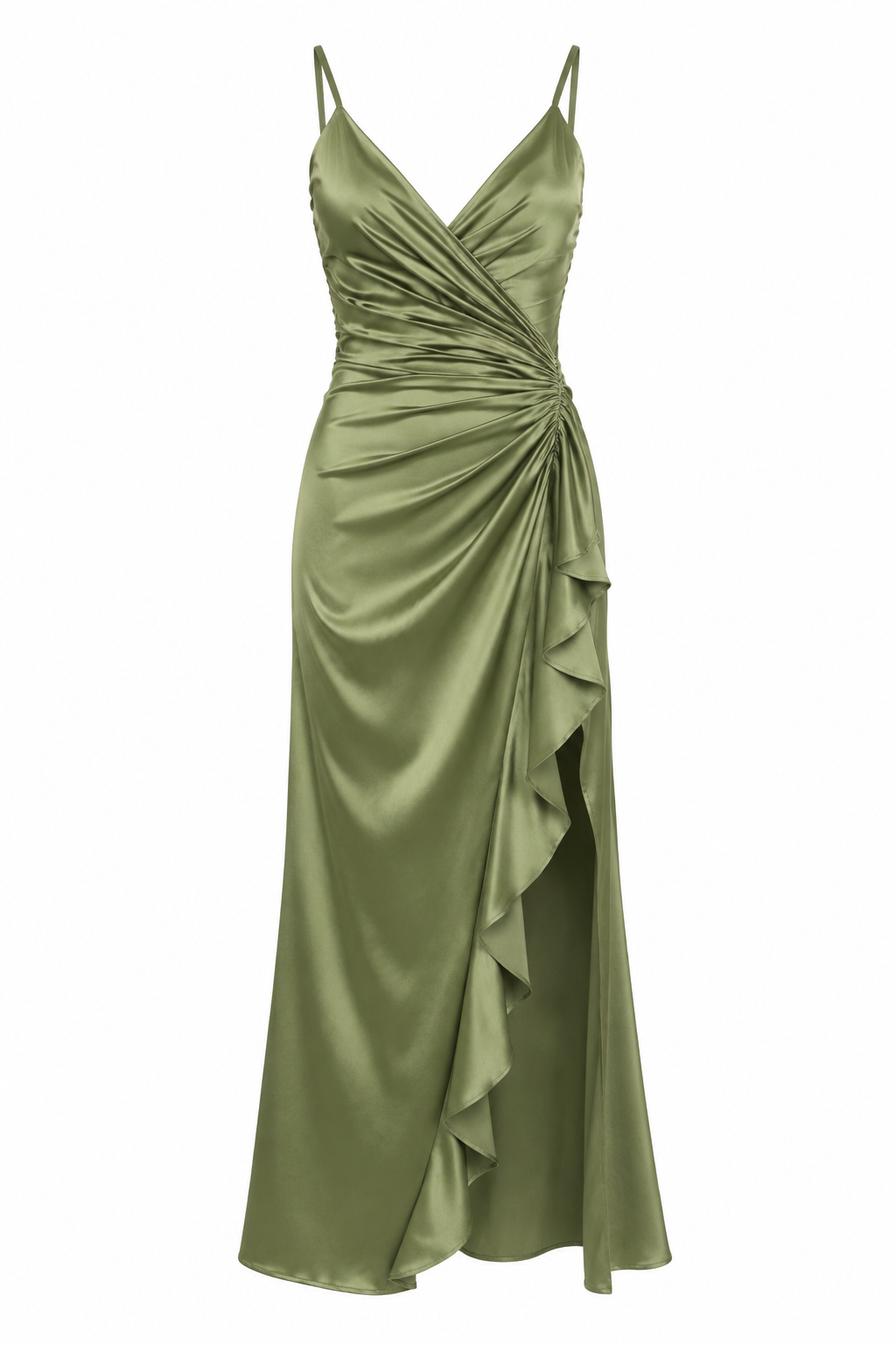 Velstine | Women's Satin Ruched Maxi Dress with Side Slit - Olive Green