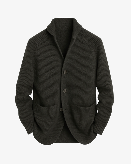 Tailored button-front knit cardigan, front view