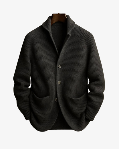 Tailored button-front knit cardigan, worn on model