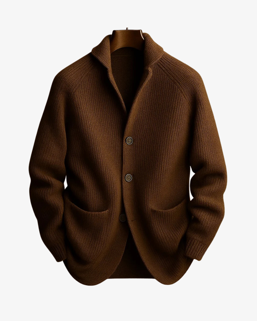 Tailored button-front knit cardigan, side view