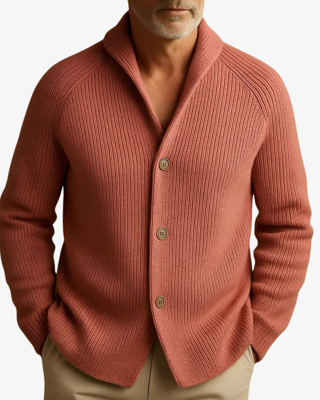Tailored button-front knit cardigan, close-up detail