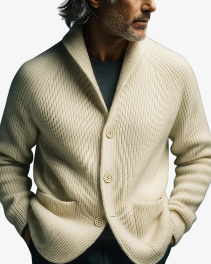 Tailored button-front knit cardigan, styling view