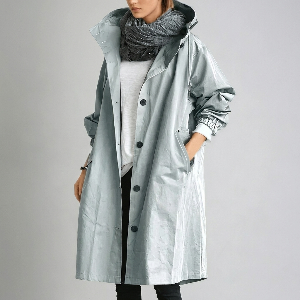 Women's Button-Front Hooded Raincoat with Elasticated Cuffs - view 5