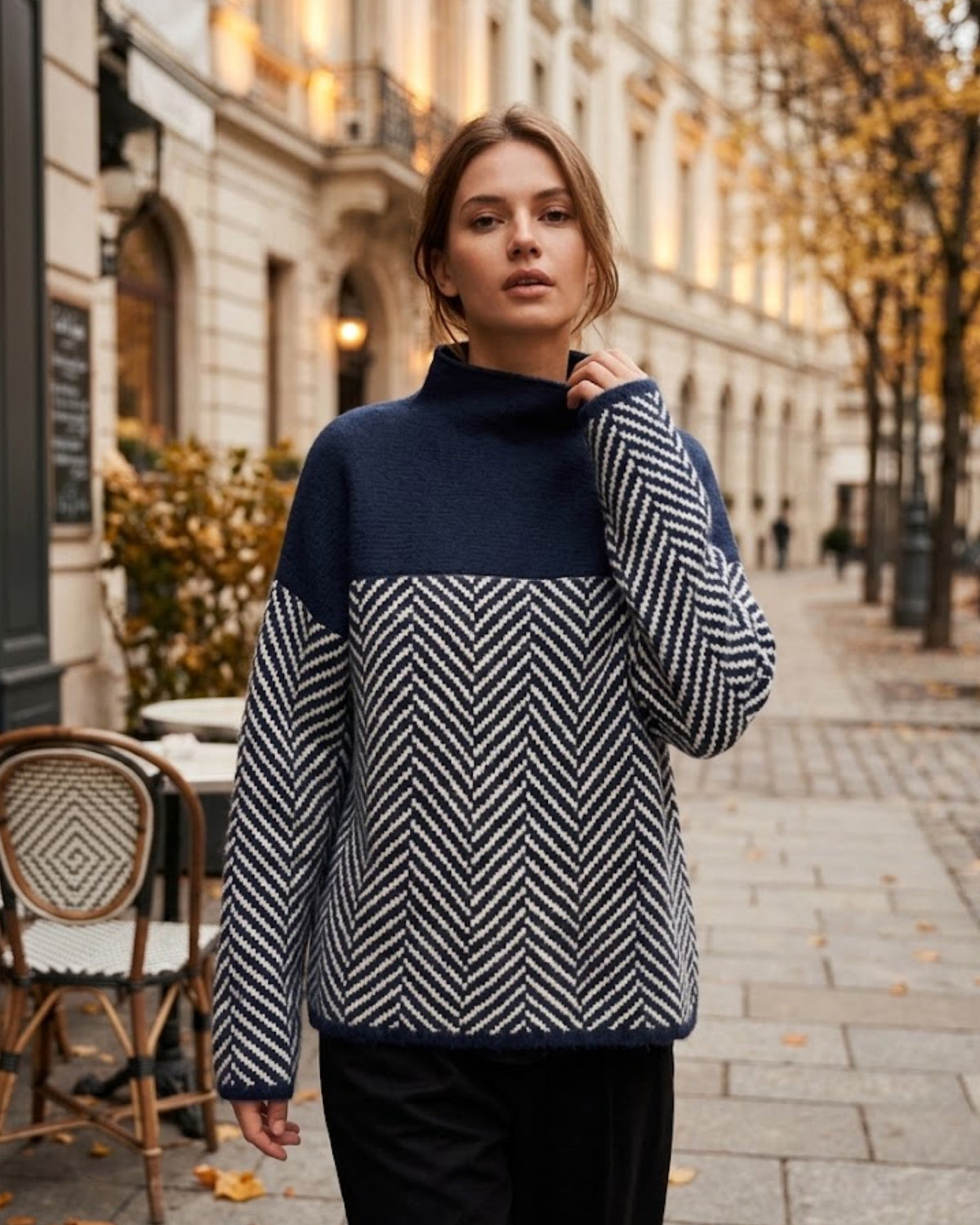 Women's Cashmere Turtleneck Sweater with Chevron Pattern - view 1