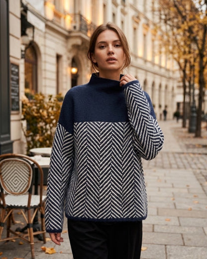 Women's Cashmere Turtleneck Sweater with Chevron Pattern - view 1