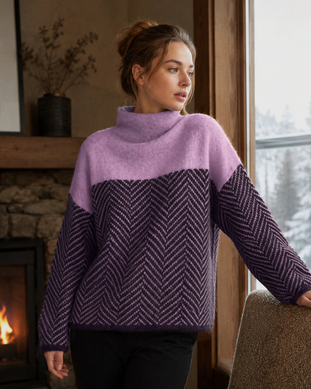 Women's Cashmere Turtleneck Sweater with Chevron Pattern - view 3