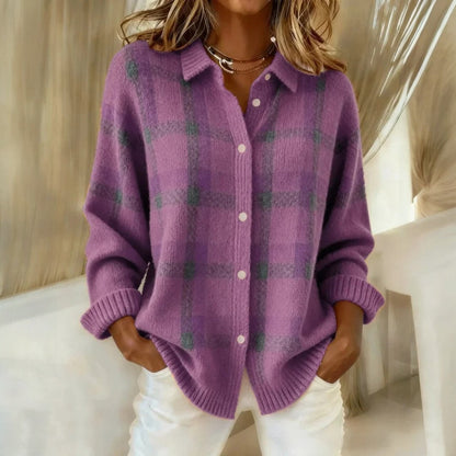 Women's Checked Button Sweater Collared Long Sleeves - view 1