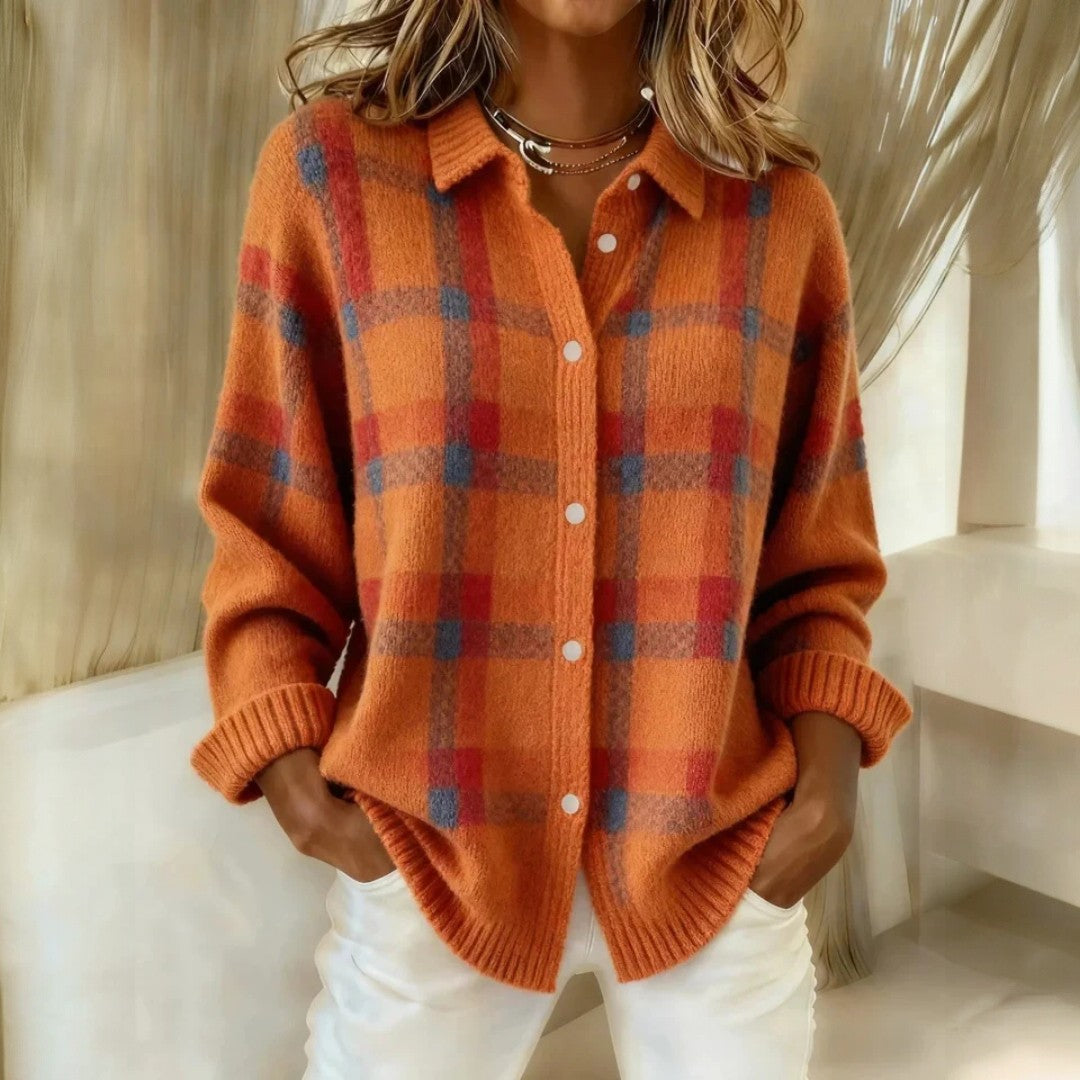 Women's Checked Button Sweater Collared Long Sleeves - view 2
