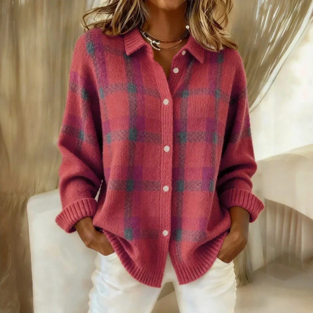 Women's Checked Button Sweater Collared Long Sleeves - view 4