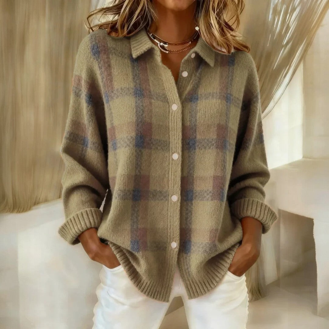 Women's Checked Button Sweater Collared Long Sleeves - view 5