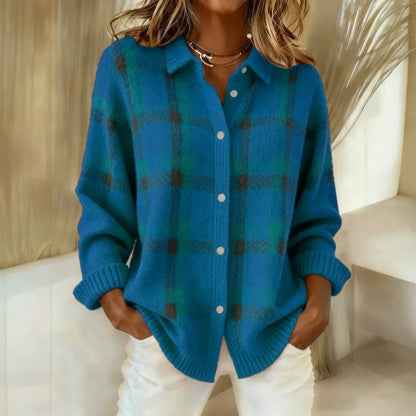 Women's Checked Button Sweater Collared Long Sleeves - view 6