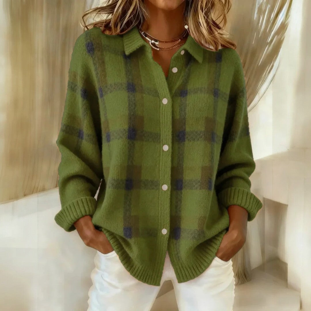 Women's Checked Button Sweater Collared Long Sleeves - view 7