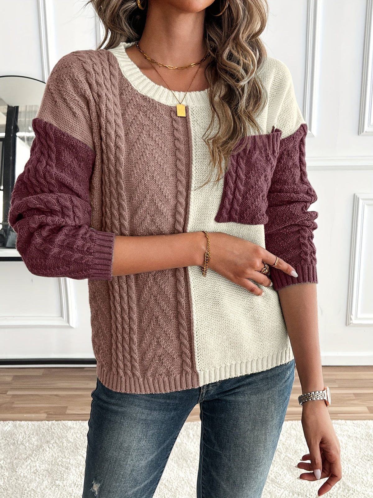 Women's Color Block Cable Knit Sweater - view 10