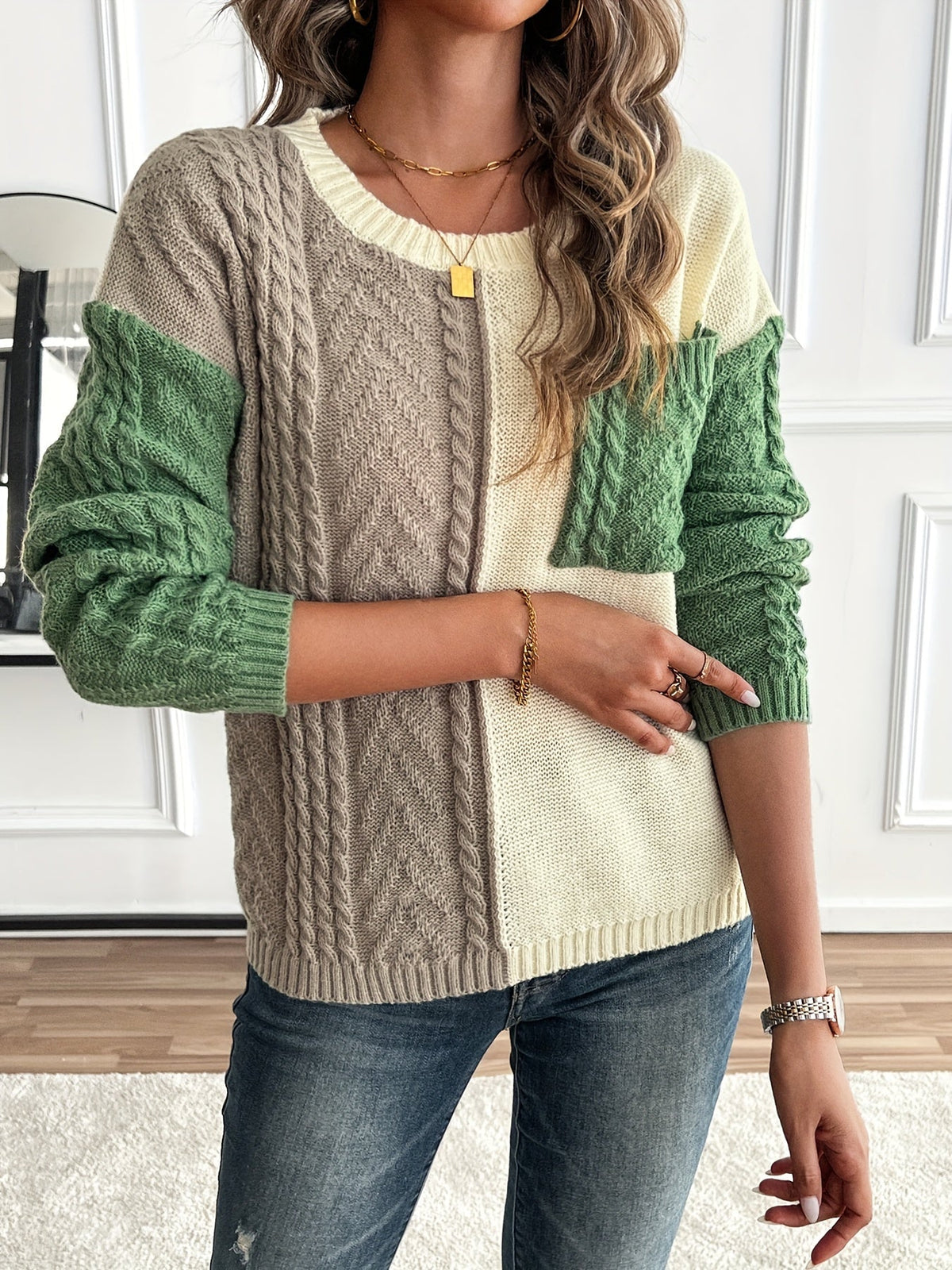 Women's Color Block Cable Knit Sweater - view 4
