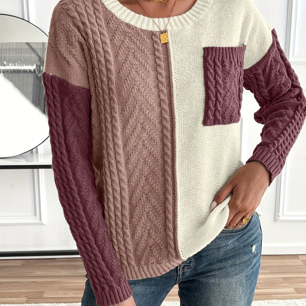 Women's Color Block Cable Knit Sweater - view 7