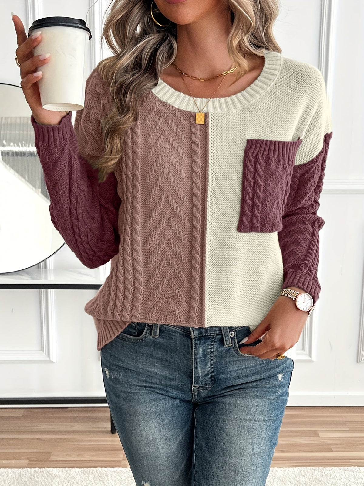 Women's Color Block Cable Knit Sweater - view 8