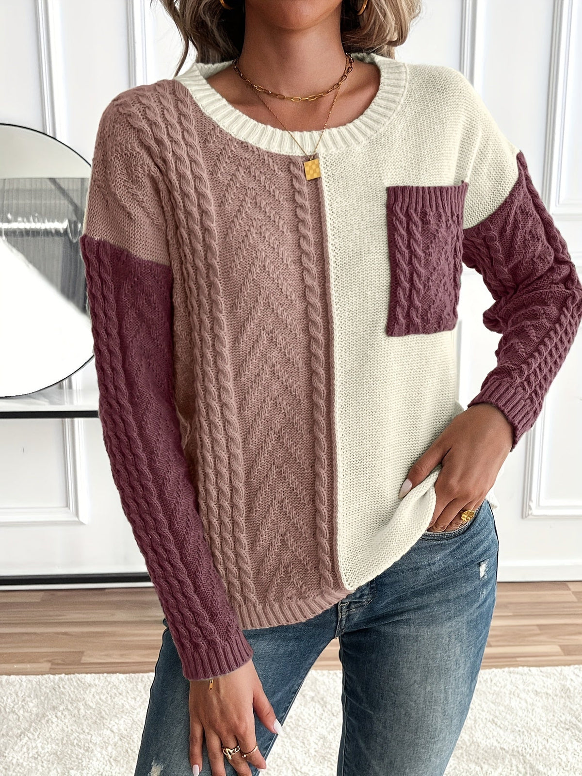 Women's Color Block Cable Knit Sweater - view 9