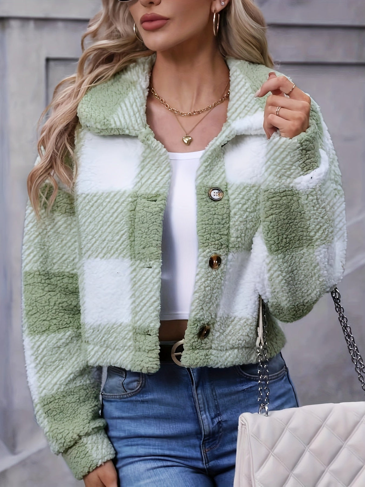 Women's Cozy Cropped Plaid Jacket - view 4