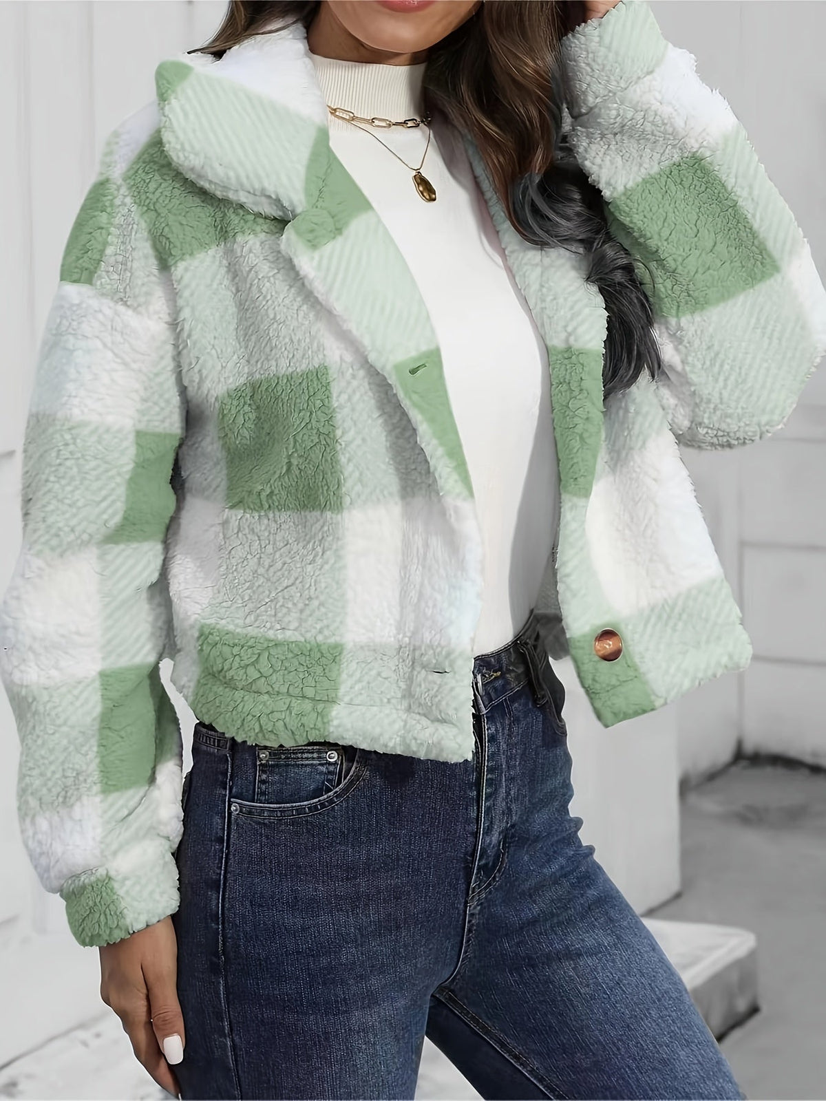 Women's Cozy Cropped Plaid Jacket - view 8