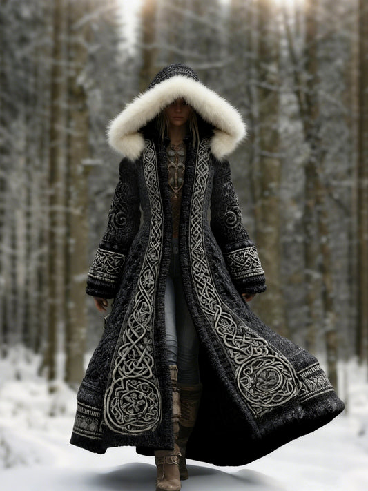 Women's embroidered hooded winter coat, maxi length, front view