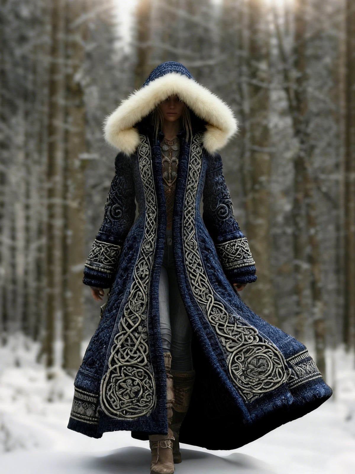 Women's embroidered hooded winter coat, maxi length, worn on model