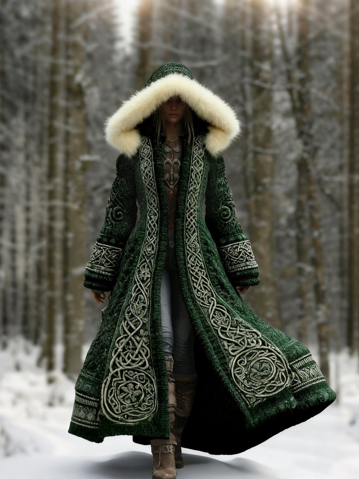 Women's embroidered hooded winter coat, maxi length, embroidery detail