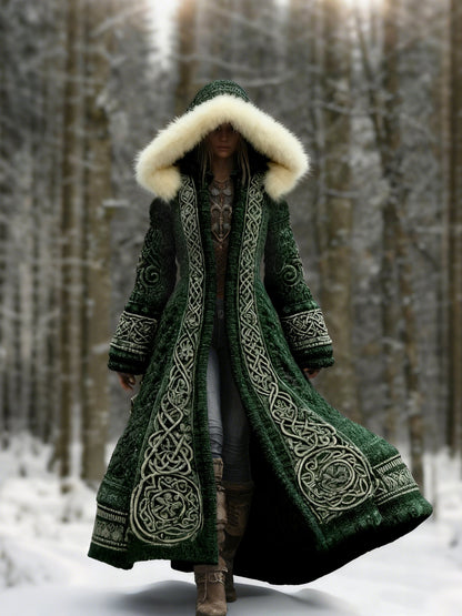 Women's embroidered hooded winter coat, maxi length, embroidery detail