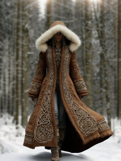 Women's embroidered hooded winter coat, maxi length, hood detail
