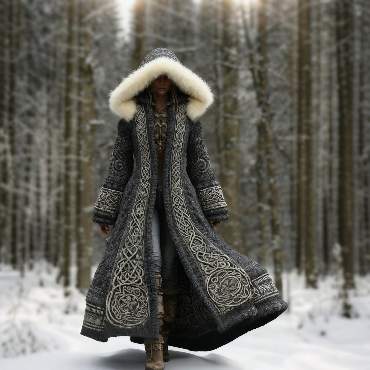 Women's embroidered hooded winter coat, maxi length, color options