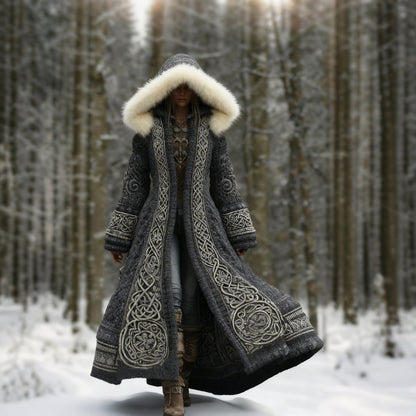 Women's embroidered hooded winter coat, maxi length, color options