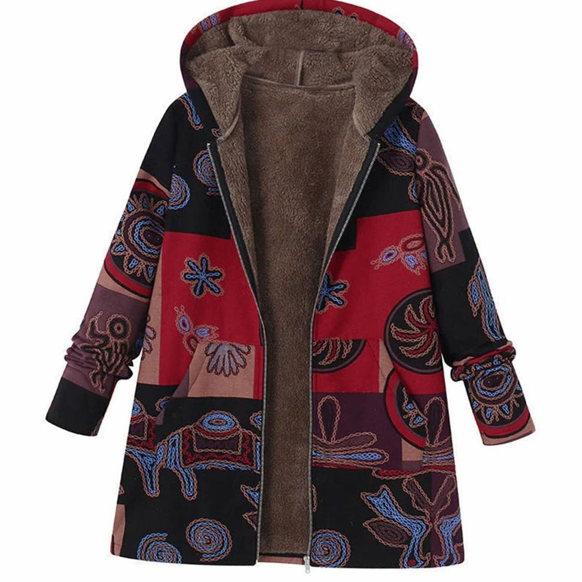 Women's Fleece-Lined Hooded Floral Coat Long-Sleeve Zip-Up