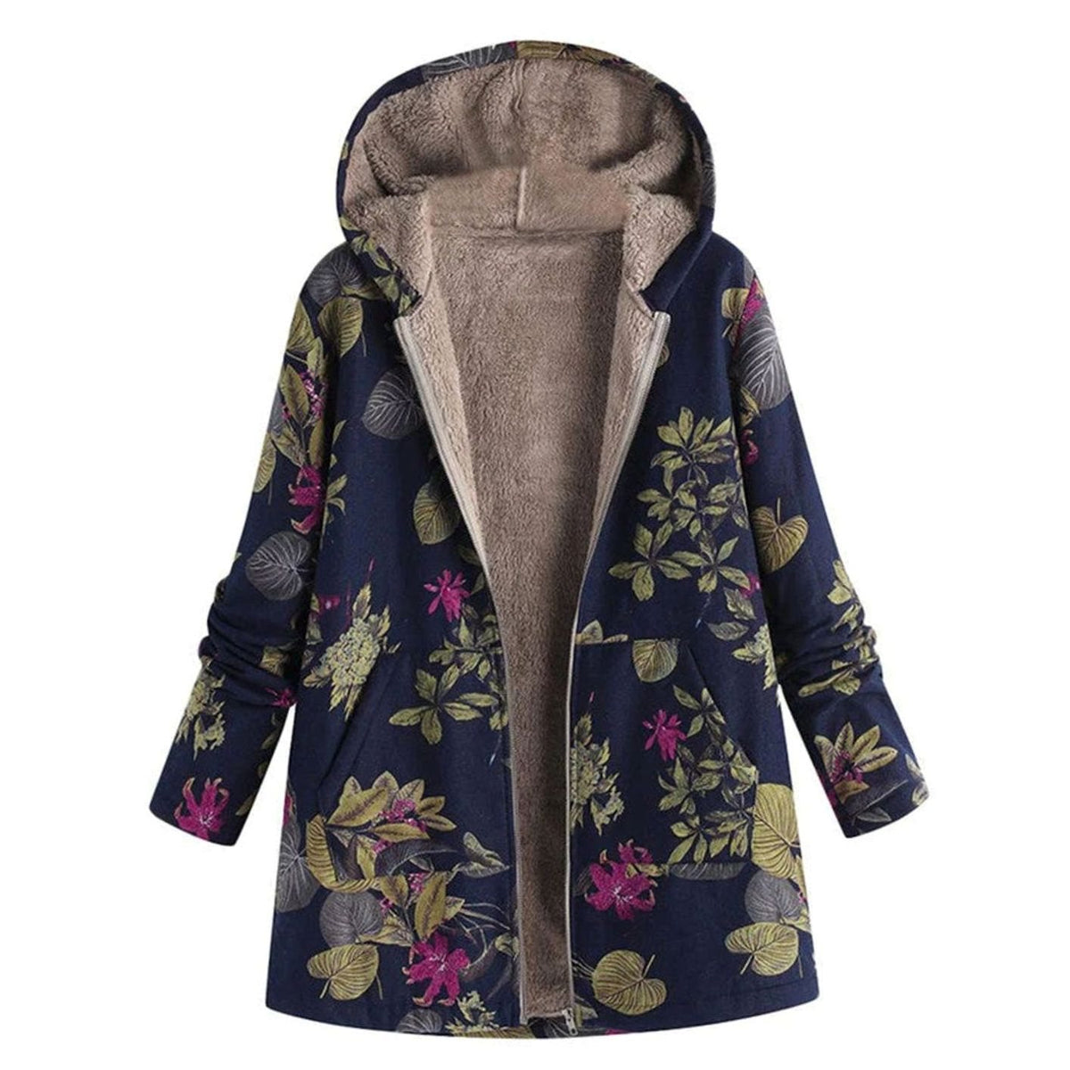 Women's Fleece-Lined Hooded Floral Coat Long-Sleeve Zip-Up - view 3